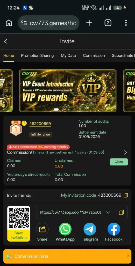 CW777 Game real invitation qr scan for invitation or referral reward