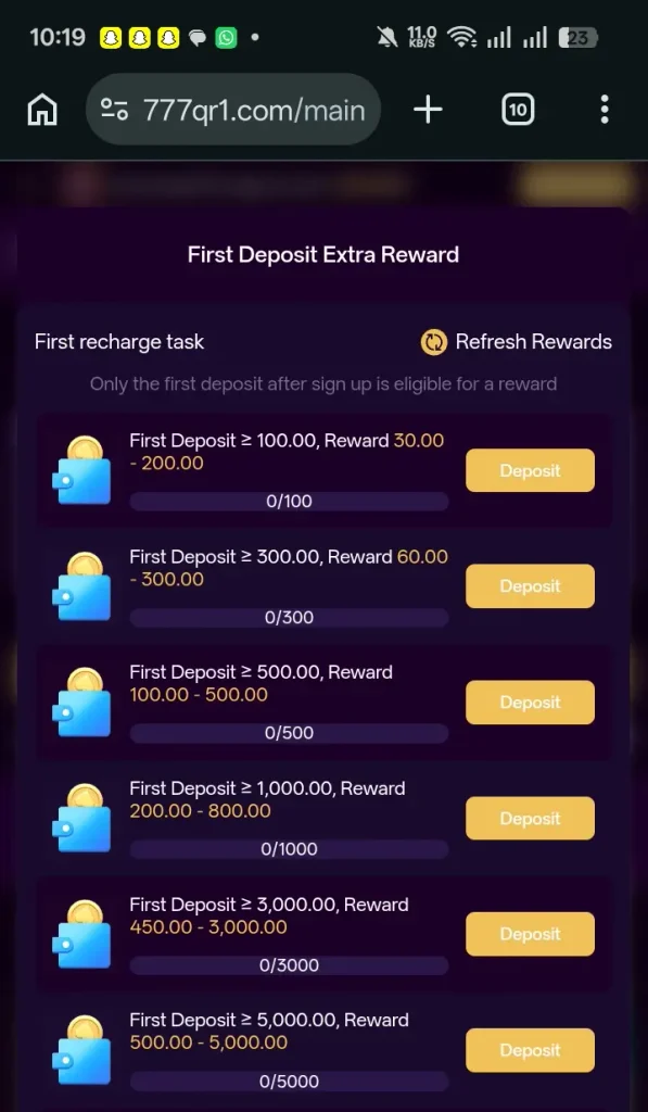 First time 777QR Game deposit offer image 