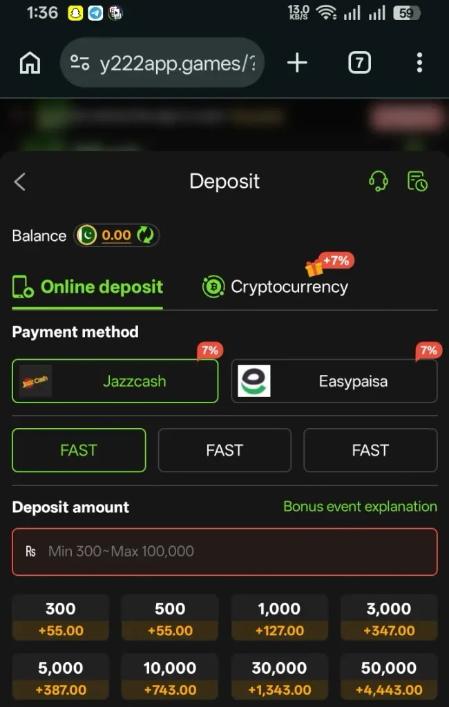 Y222 Game deposit interface.