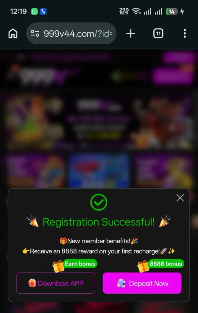 Successful registration image of 999V Game