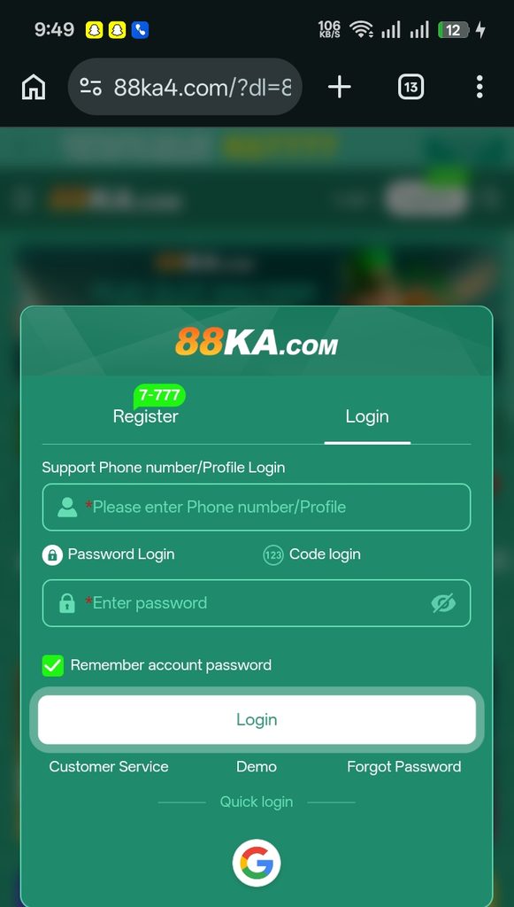 88KA Game Login interface